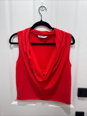 Zara Bright Red Draped Cowl Neck Sleeveless Camisole